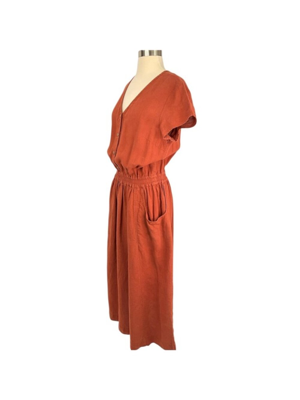 Not Perfect Linen Reine Waisted Linen Dress Womens M Orange Short Sleeve Pockets - Picture 3 of 14